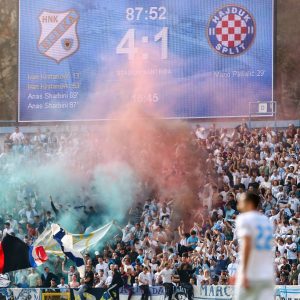 Rijeka, 06.04.2014., 1. MaxTV Hrvatska nogometna liga. Fotografije s "jadranskog derbija" izmedu Rijeke i Hajduka odigranog na prepunom stadionu na Kantridi. Rijeka je pobijedila sa 4:1